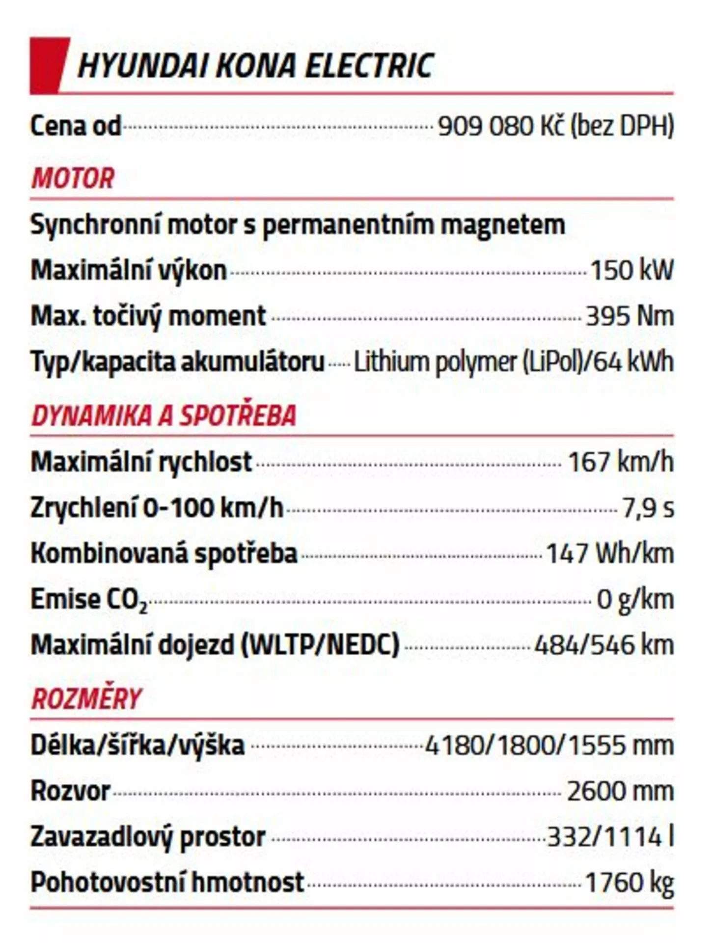 Részletes műszaki adatlap a 2021-es Hyundai Kona Elektrikus számára, amely kiemeli az árat, a motor specifikációit, a dinamikát, a fogyasztást és a méreteket piros-fehér táblázat formátumban