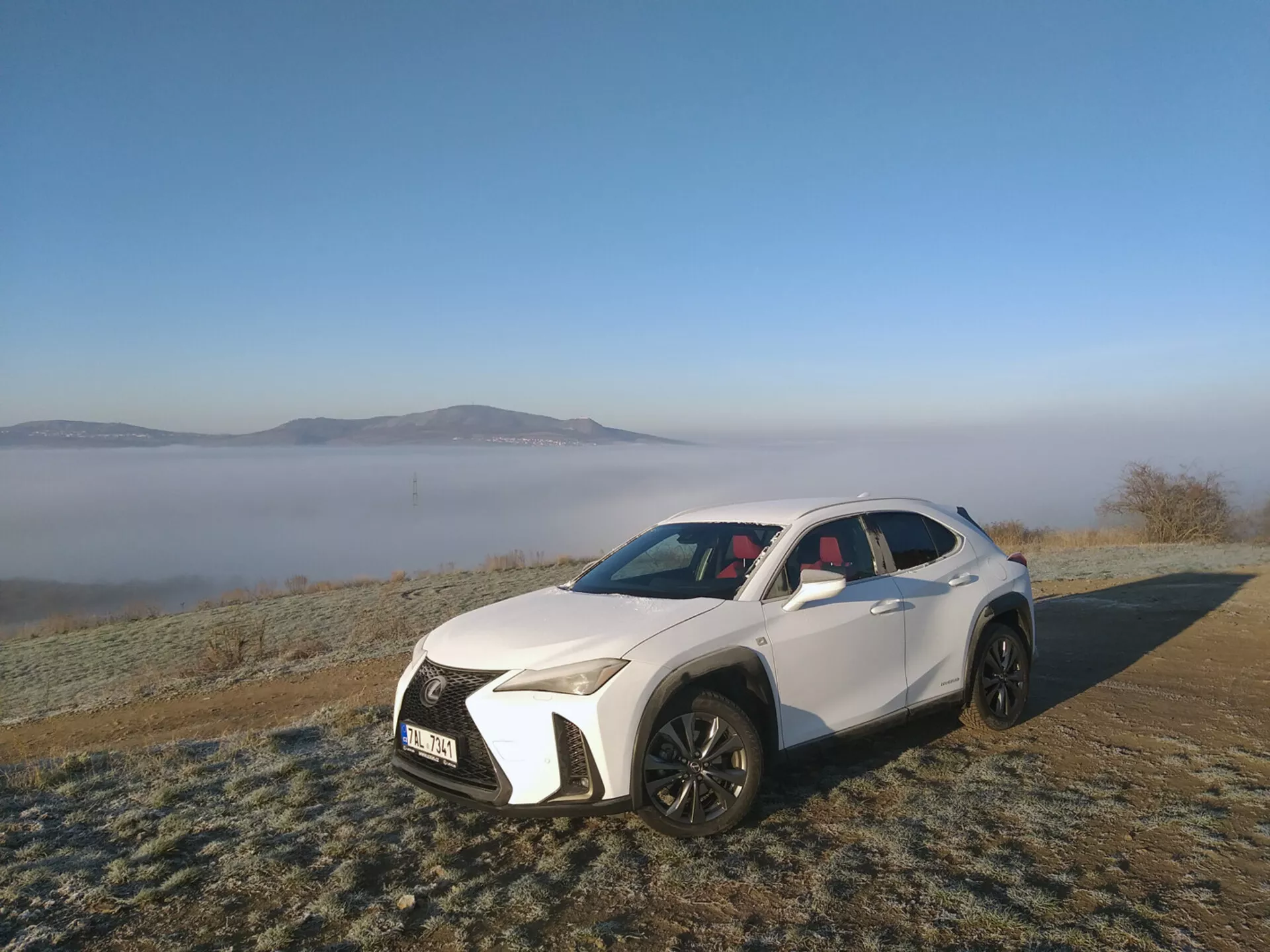 2019-es fehér Lexus UX sportos haszonjármű parkol a dérrel borított fűön, bemutatva az éles LED fényszóróit, nagy méretű rácsos mintázatú hűtőrácsát, sportos légbeömlőit, kontúros motorházát, fekete többkarú ötvözött kerekeit, panoráma napfénytetőjét és kortárs design elemeket ködös reggeli háttérben.