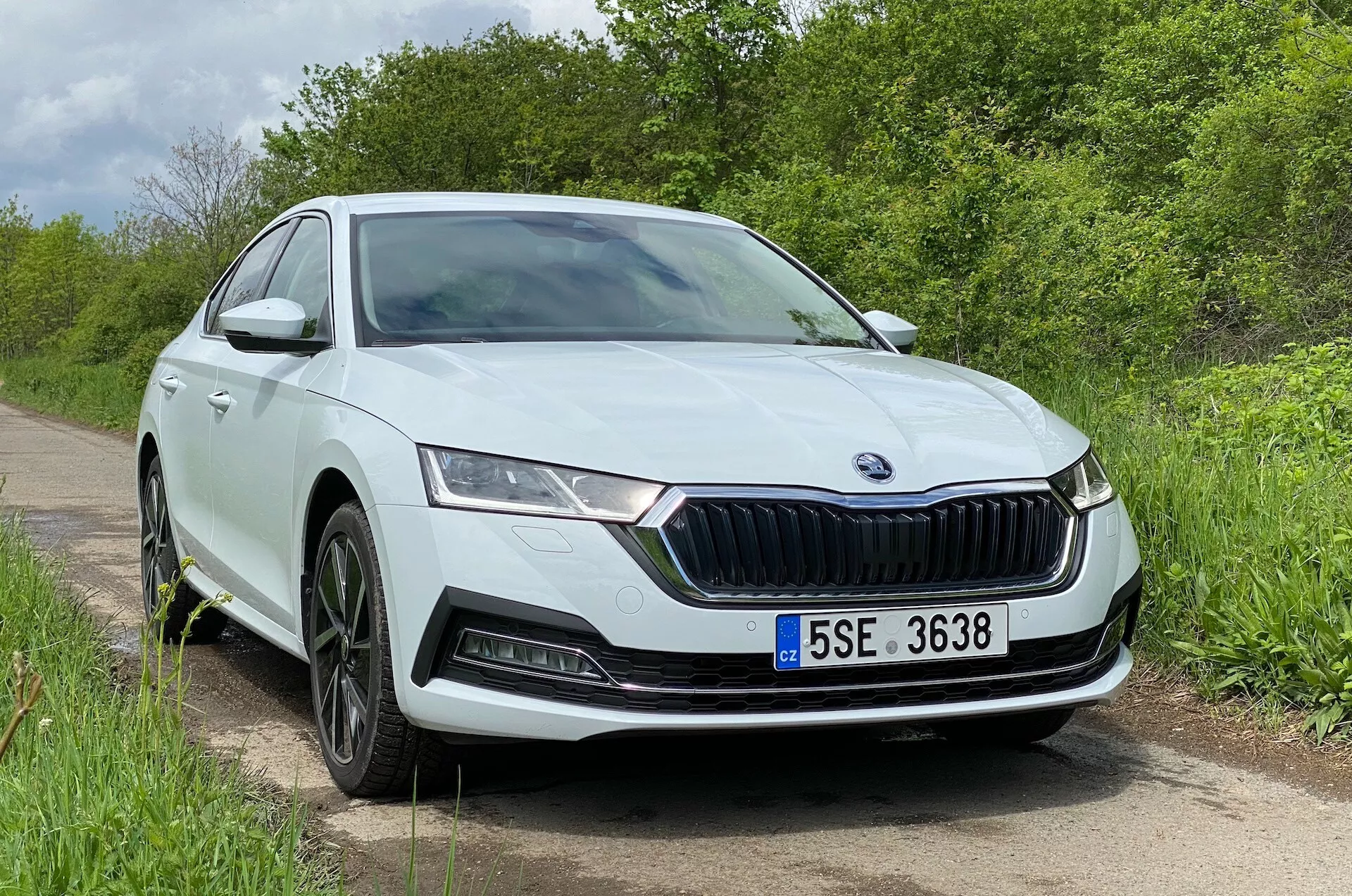 Közelkép, háromnegyedes elülső nézet a modern 2020-as Skoda Octavia Limousine-ról, kiemelve a jellegzetes függőleges rácsozású első hűtőrácsot, az elegáns LED fényszórókat, a motorháztető ívelt vonalait, a kifinomult első lökhárítót ködlámpákkal vagy szenzorokkal, és a többrudas könnyűfém kerekeket, természetes, zöld háttérrel.