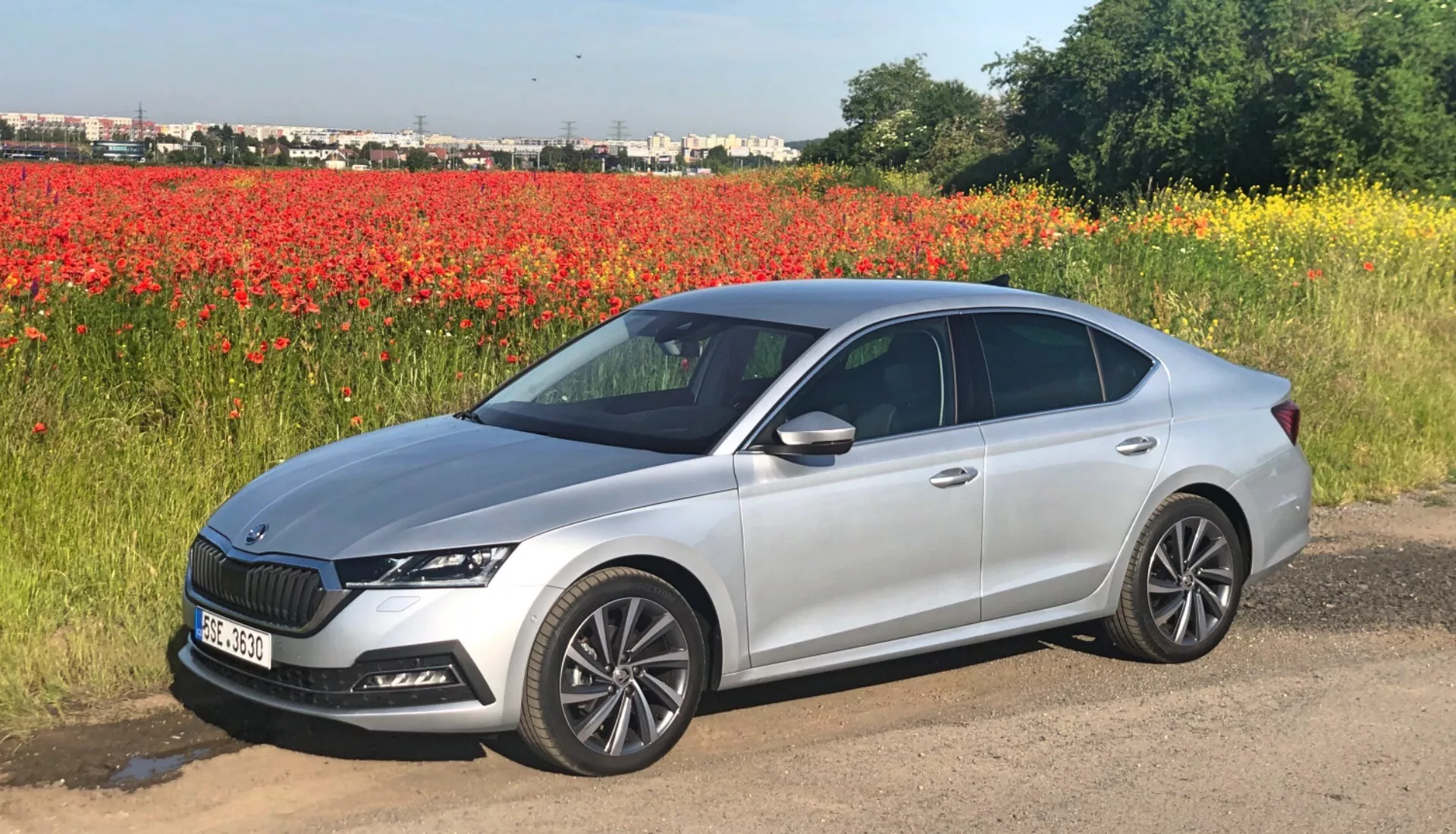 Kép egy világos ezüst vagy fémszürke Skoda Octavia 2020 szedánról, amely egy földdarabon parkol egy vörös virágokkal teli mező mellett, valószínűleg pipacsok, tiszta ég alatt. A fénykép az autó teljes profilját oldalirányból rögzíti, hangsúlyozva annak tiszta, modern dizájnját és fényes felületét. A látható jellemzők közé tartozik egy kiemelkedő vállvonal, integrált irányjelzőkkel rendelkező karcsú oldalsó tükrök, a karosszéria színéhez illeszkedő ajtókilincsek, többrudazatos könnyűfém kerekek, vékony LED fényszórók és egy részben látható hűtőrács, közepén nagy emblémával, amelyet króm vagy ezüst díszítések kereteznek. A hátsó lámpák részben láthatóak, körbefogják a hátsó negyedpaneleket, és az autó ablakai könnyű árnyalatúak. A kép közepes távolságból készült, lehetővé téve az autó teljes belépését a keretbe, bőséges térrel körülötte, hogy elkülönítse azt a környező környezettől, és a jármű profilját bemutatja egy festői természetes háttér előtt, kiemelve annak kortárs esztétikáját.