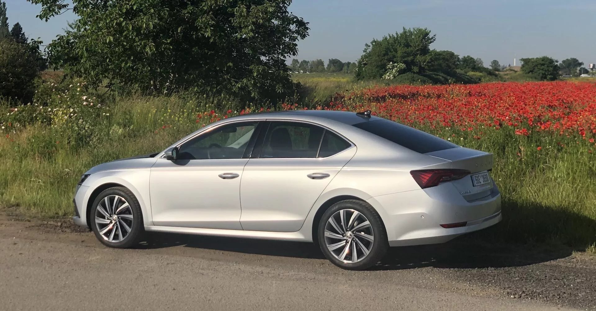A 2020-as Skoda Octavia szedán oldalprofil nézete ezüst színben, egy kavicsos út szélén parkolva, háttérben mezővel és fákkal. A jármű elegánsan lejtő teteje rövid csomagtérfedéllel egyesül, ami egy modern szedán jellemzője. Négy ajtaja van, karosszéria színű visszapillantó tükrökkel és króm díszítéssel az ablakok körül. Az alufelnik többküllős kialakításúak, és az ajtókilincsek is karosszéria színűek. Egy enyhe ránc fut végig az oldalán, erősítve a dinamikus megjelenést. Az oldalsó tükrökön található érzékelők vakfoltfigyelő technológiát is jelezhetnek. A környezetben élénk vörös virágok, valószínűleg pipacsok láthatók.