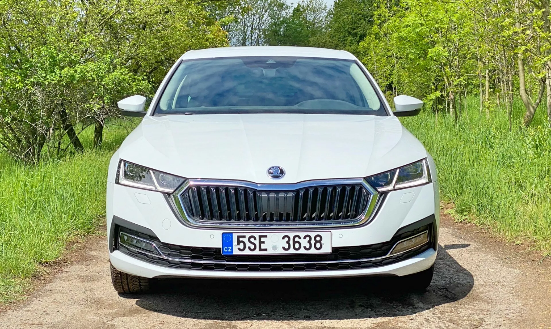 Fehér Skoda Octavia 2020 (Octavia-Limousine) elölnézete egy kavicsos úton. A kép az egész elülső részt, beleértve a függőleges lamellákkal rendelkező jellegzetes hűtőrácsot, az elegáns LED fényszórókat, a simán integrált első lökhárítót és a minimalista alsó légbeömlőket ábrázolja. A motorháztető finom kontúrvonalakkal rendelkezik, és a gyártó emblémája központi helyzetben van a hűtőrácson. Az autó természetes környezetben helyezkedik el, hátterében zöld növényzettel és lombbal.