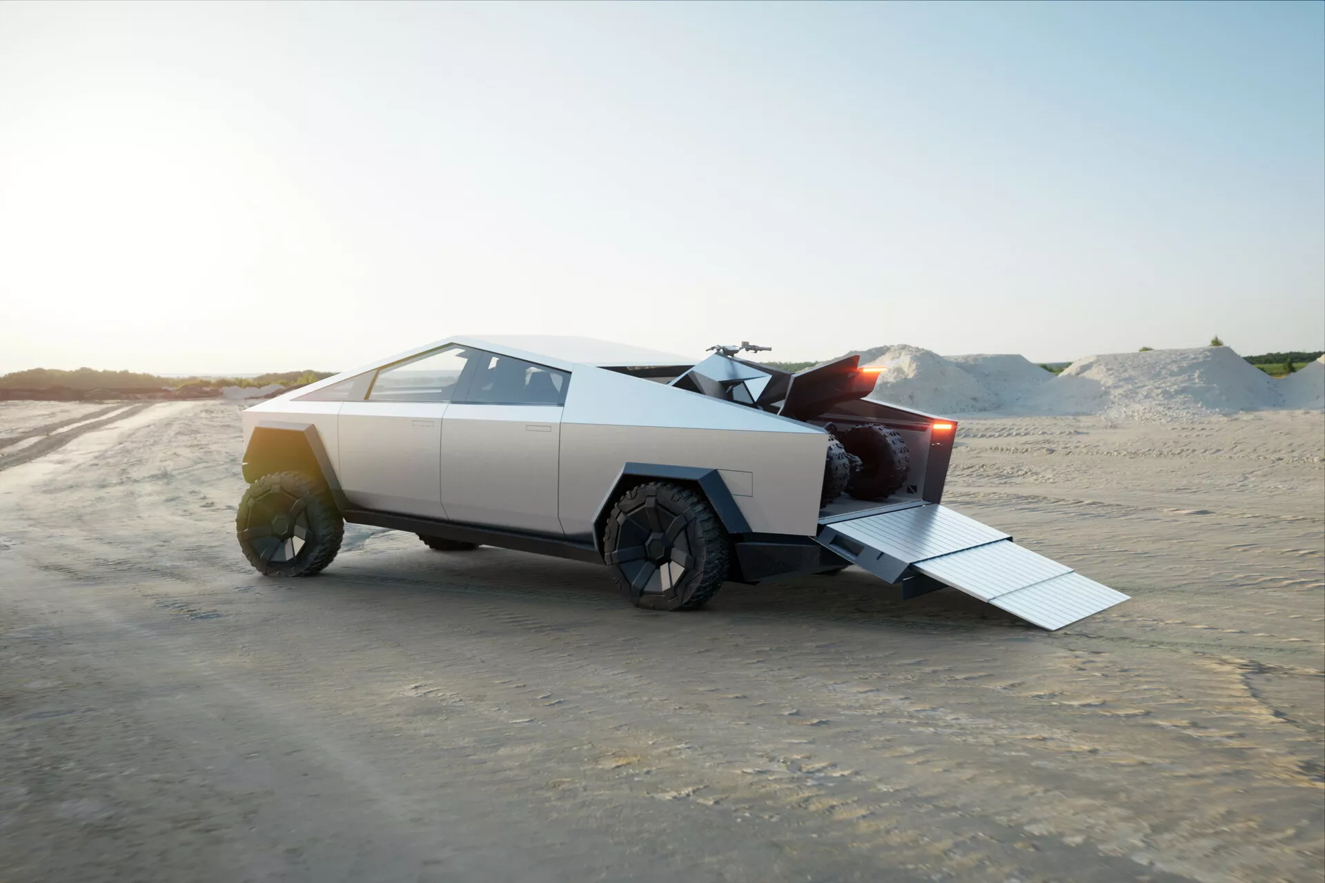 Az oldalnézeten egy futurisztikus Tesla Cybertruck 2021 látható, jellegzetes geometrikus vonalakkal és éles szögekkel. A jármű egy homokos, sivatagszerű környezetben van, nyitott hátsó ajtóval és kinyújtott rámpával. A matt, világosszürke vagy ezüst színű felület, a nagy, robusztus kerekek és az ívek hiánya kihangsúlyozzák avantgárd dizájnját. A késő délutáni természetes fény hosszú árnyékokat vet a teherautó köré. A látható kipufogócsövek hiánya arra utal, hogy elektromos járműről van szó. A környezet kiemeli terepjáró és haszonjármű kapacitásait.